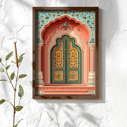 Wallxpert uramljena MDF slika NAL044-46, tirkizna vrata sa zlatnim ornamentima u koralnom luku, 35,5 x 47 cm Cene