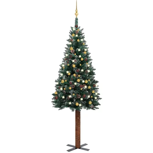 vidaXL usko božićno drvce s LED svjetlima i kuglicama zeleno 210 cm