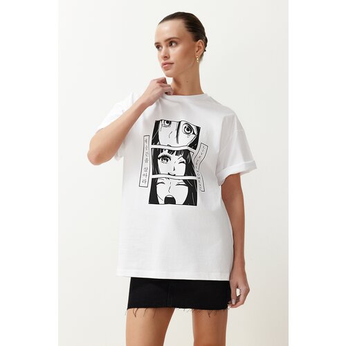 Trendyol White Printed Oversize/Creature 100% Cotton Knitted T-Shirt Slike