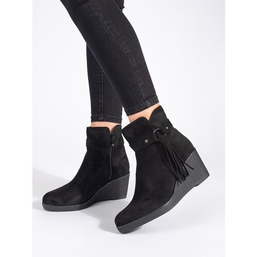Shelvt Women's suede black wedge boots with fringes Cene