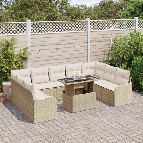 vidaXL 10-delni vrtni sofa set z blazinami Bež Poli ratan Cene