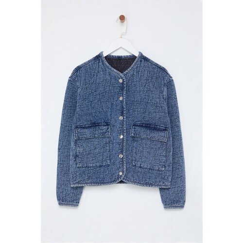 Trendyol Blue Textured Pocket Detailed Oversize Denim Jacket Slike