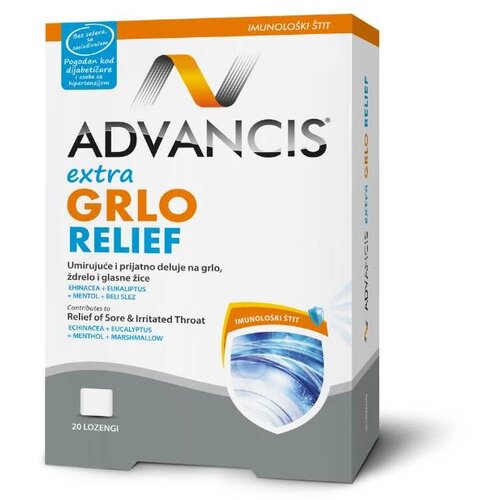 Advancis lozenge za bol u grlu, nadražajni kašlj, infekcije i iritacije sluzokože usta i grla extra grlo relief, 20 lozengi Slike