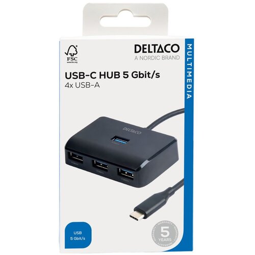 Deltaco USB-C hub s 4 vrati, 5 Gbit/s, dodatni vhod za napajanje, črna Slike