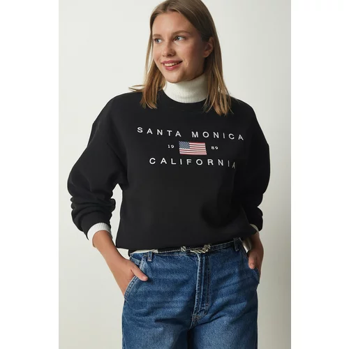 Happiness İstanbul Women's Black Embroidered Raised Knitted Sweatshirt