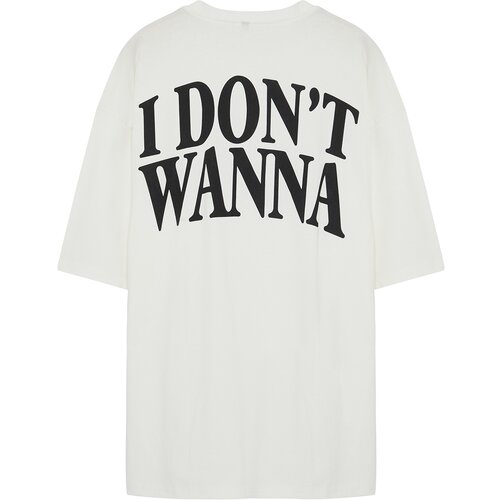 Trendyol Large Size White Oversize Text Printed 100% Cotton Comfortable T-shirt Slike