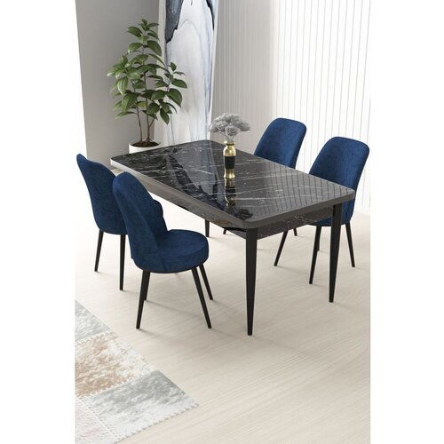 Hanah home Nil - Black Marble, Navy Blue Black MarbleNavy Blue Dining Table & Chairs Set (5 Pieces) Cene
