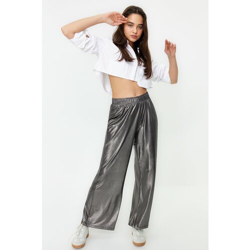 Trendyol Anthracite Foil Printed Wide Leg/Wide Cut Stretchy Knitted Trousers Slike