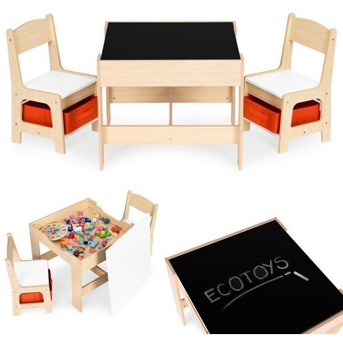ECO TOYS Dečiji Set Dečiji sto i 2 stolice sa tablom za pisanje, Boja drveta Slike