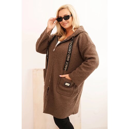 Kesi Włoski Plus Size women's coat made of faux sheepskin with a hood and pockets camel Cene