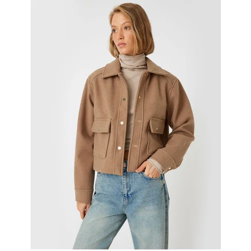 Koton Crop Cashmere Jacket Buttoned Pocket Shirt Collar