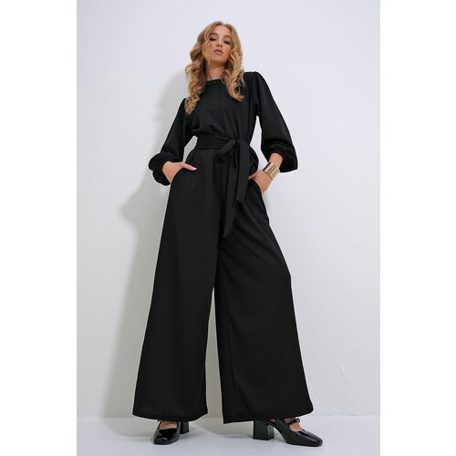 Trend Alaçatı Stili Women&#39;s Black High Collar Back Zipper Princess Sleeve Waist Belted Jumpsuit Cene