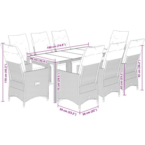  9-dijelni vrtni bistro set od poliratana s jastucima sivi Siva 190 x 90 x 75 cm Slike