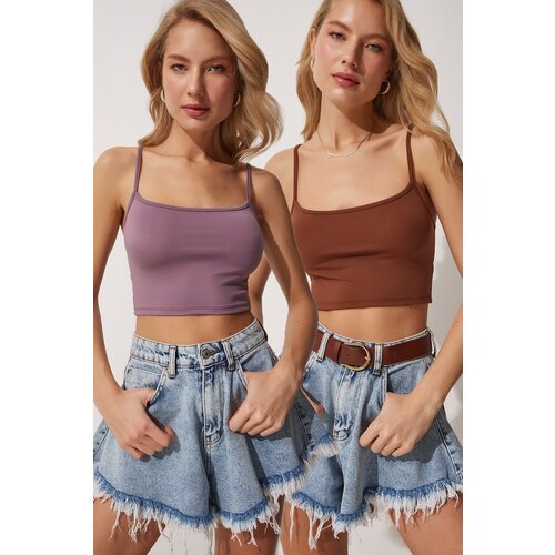  Women's Lilac Brown 2-Pack Straps Knitted Crop Bustier Blouse Cene