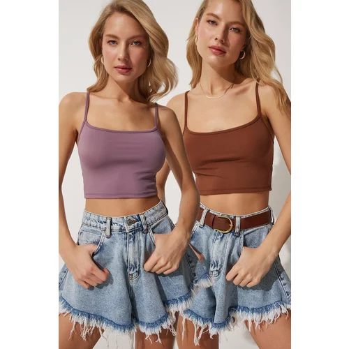 Happiness İstanbul Women's Lilac Brown 2-Pack Straps Knitted Crop Bustier Blouse
