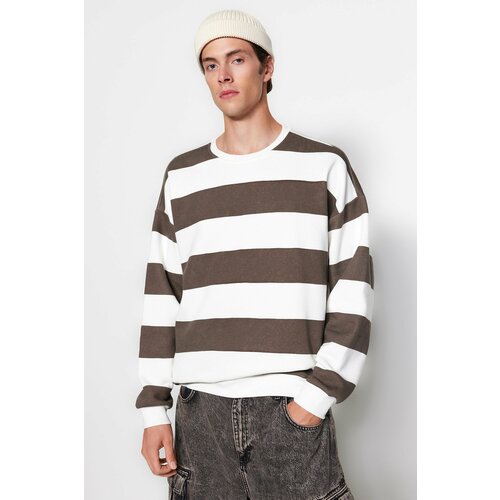 Trendyol Mink Unisex Oversize/Wide-Cut Crew Neck Striped Fleece Inner Cotton Cotton Sweatshirt. Slike