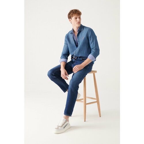 Avva Men's Blue Lace-Up Jeans with Elastic Waist Cene