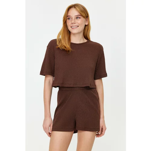 Trendyol Brown Ribbed Cotton Tshirt-Shorts Knitted Pajamas Set