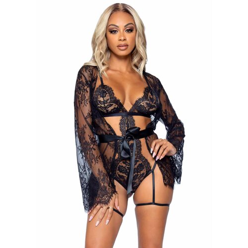 Leg Avenue Teddy, Lace Robe &amp;amp; Ribbon Tie Black M Slike