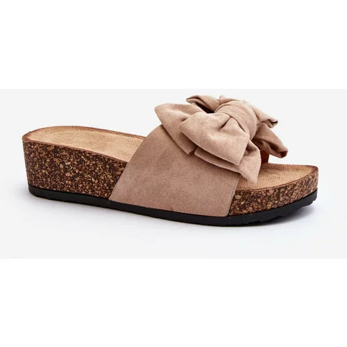 Kesi Women's slippers on a cork platform with a bow Khaki Tarena