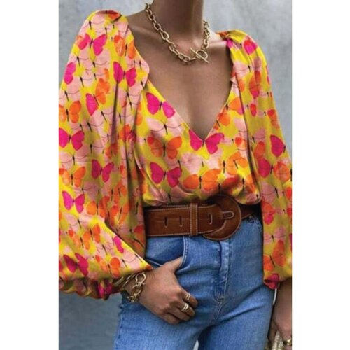 Fenzy Elegantna Bluza S Opuštenim Rukavima, Duboki Izrez I Višebojni Print Leptira Andreya, Žuta Cijene