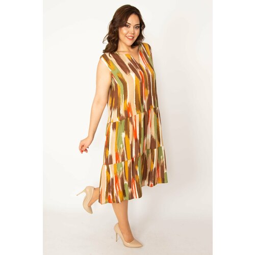 Şans Women's Plus Size Colorful Woven Viscose Fabric Brushed Patterned V-Neck Dress Slike