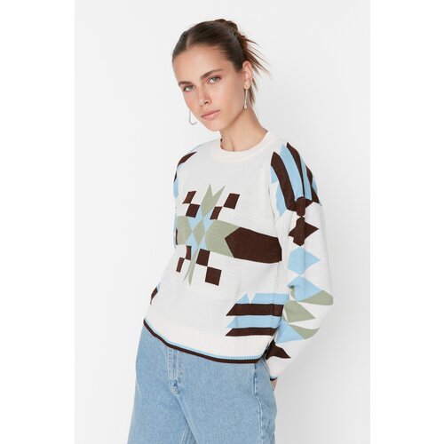 Trendyol Ecru Geometric Jacquard Knitwear Sweater Slike