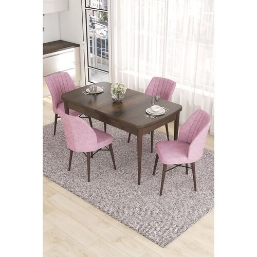 Hanah home trpezarijski set Eva, sto na razvlačenje i 4 stolice, ploča u dekoru drveta Baroque, roze tkanina Babyface Cene