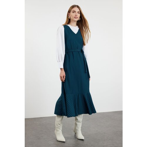 Trendyol Emerald Green Striped Woven Gilet Dress Cene