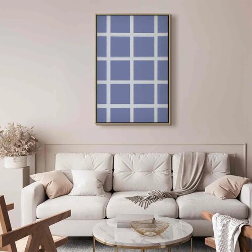  Slika - Lines and Symmetry - Expressive White Grid on a Blue Background 80x120 U prirodnom drvenom okviru Slike