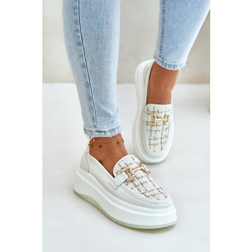 Kesi Women's leather moccasins on platform with gold decoration Vinceza light beige Cene
