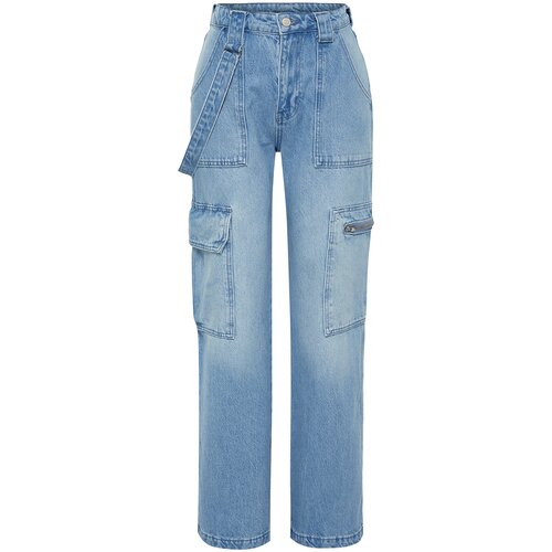 Trendyol Blue Pocket Detailed High Waist Wide Leg Jeans Cene