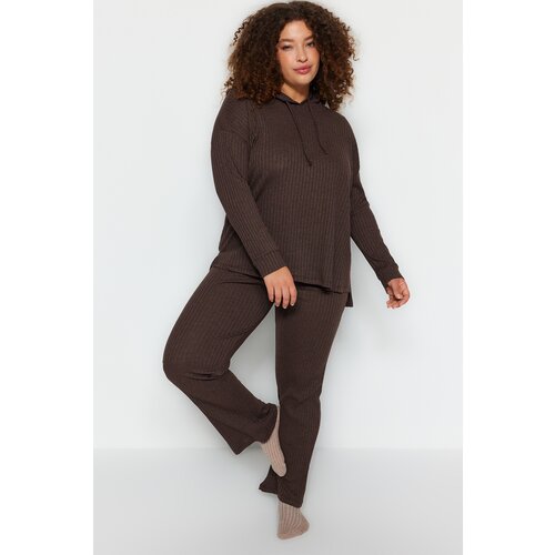 Trendyol Curve Brown Hooded Relaxed Camisole Plus Size Bottom-Top Suit Cene