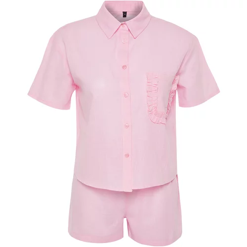 Trendyol Pink Pocket Ruffle Detail Woven Pajamas Set