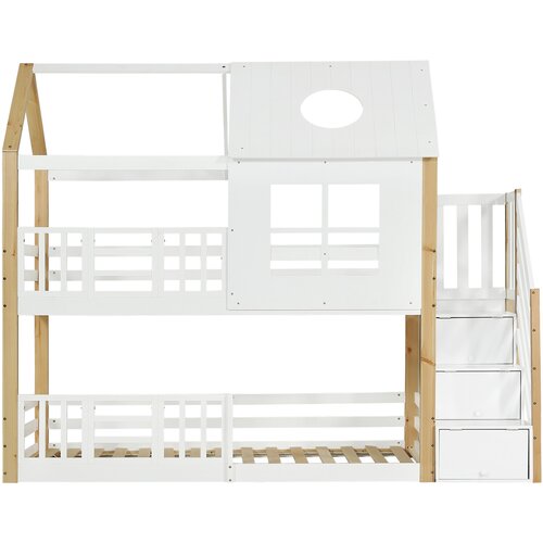 Möbrio Pogradna postelja iz borovega lesa in MDF z lestvijo za shranjevanje - 90x200 cm - bela in naravna, (22060394) Cene