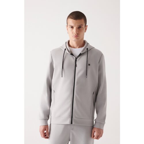 Avva Men's Gray Unisex Sweatshirt Hooded Flexible Soft Texture Interlock Fabric Zippered Standard Fit Norma Cene