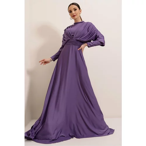By Saygı Lilac Front Back Pleated Sleeves Button Detailed Lined Long Satin Dress.