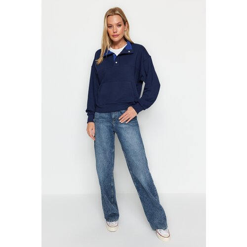 Trendyol Navy Blue Regular/Normal Fit Stitching Detail with Press-studs Stand Up Collar Thick Knitted Sweatshirt Cene
