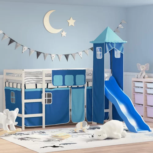  Dječji krevet na kat s tornjem plavi 90x200 cm masivna borovina