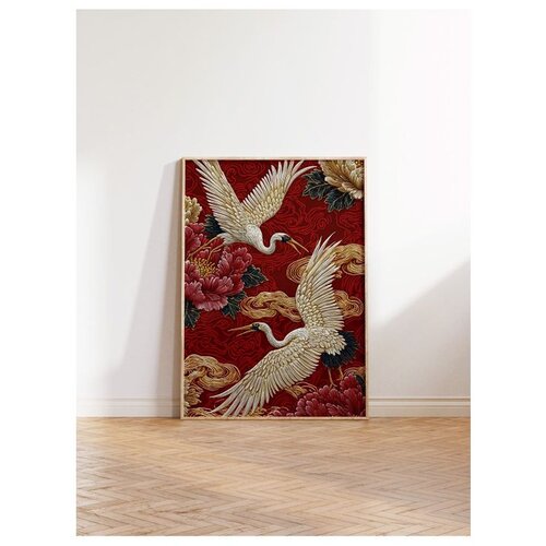 Wallxpert uramljena slika 115248, beli ždralovi i crveni božuri na crvenoj pozadini, 50 x 70 cm, ram u boji prirodnog drveta Cene