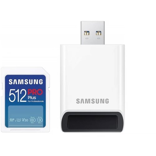 Samsung sd card 512GB, pro plus, sdxc, uhs-i U3 V30 class 10, read up to 180MB/s, write up to 130 mb/s, for 4K and fullhd video recording, w/usb card reader Slike
