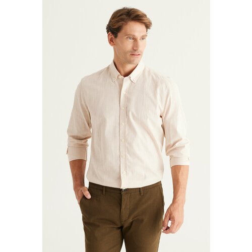 AC&Co / Altınyıldız Classics Men's Beige Tailored Slim Fit Slim-fit Oxford Buttoned Collar Linen-Looking 100% Cotton Flared Shirt. Cene