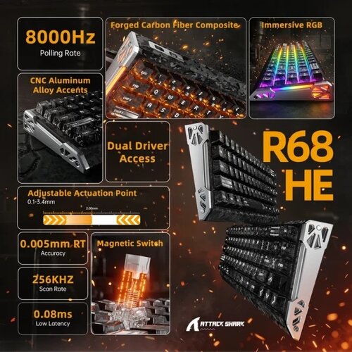 Attack Shark Bežična gaming tastatura R68HE Magnetic Switches/RT/Snap Tap/DKS/MT/TGL/Ink Shade Slike