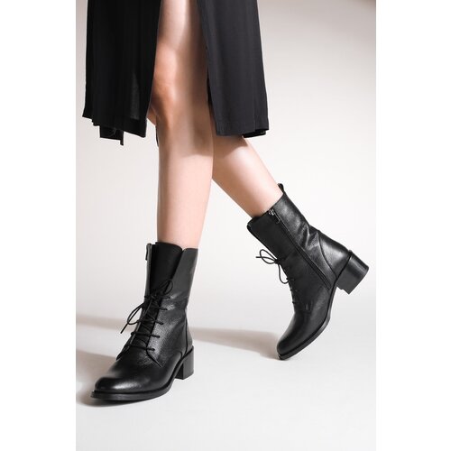 Marjin Women&amp;#039;s Genuine Leather Boots Boots with Lace-up Zippered Classic Casual Boots Mek black. Slike
