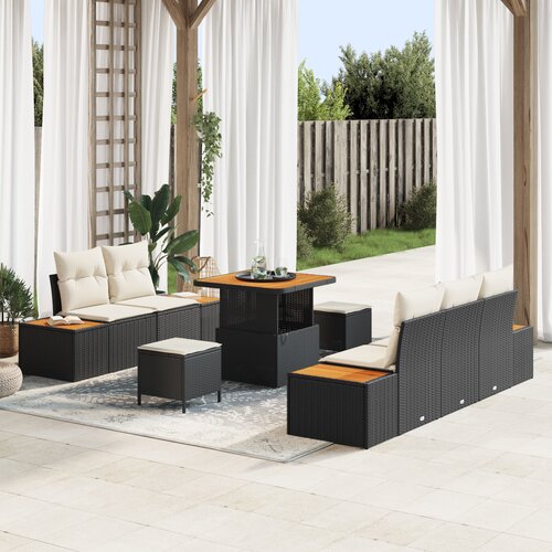 vidaXL 8-delna vrtna garnitura z blazinami Črna Poli ratan Acacia Cene