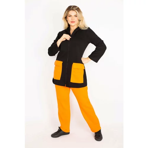 Şans Women's Plus Size Orange Pocket Combined Hooded Front Zippered Sweatshirt Trousers Suit