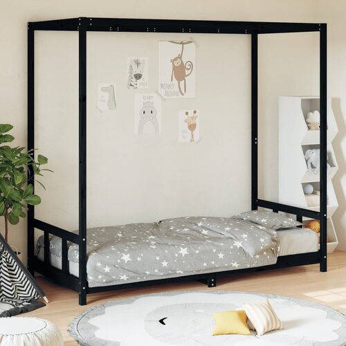 vidaXL Otroški posteljni okvir črn 90x190 cm trdna borovina Cene