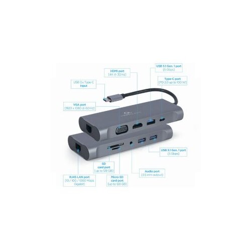 Docking station USB adapter Type-C 7-in-1 multi-port adapter Hub3.0 + HDMI + VGA + PD + card reader + stereo audio, space grey GEMBIRD A-CM-COMBO7-01 Cijene