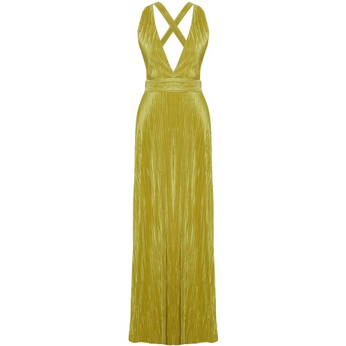 Trendyol Oil Green Pleated Sash Detailed Knitted Long Evening Dress Slike
