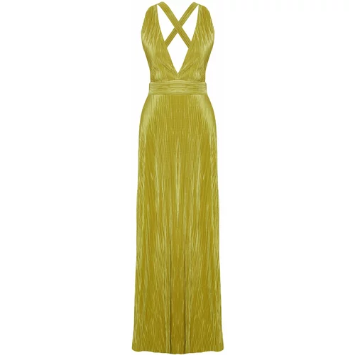 Trendyol Oil Green Pleated Sash Detailed Knitted Long Evening Dress